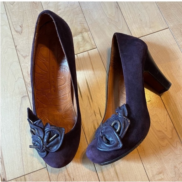 Chie Minara Florena Pump Floral Bow Grape Suede Leather Heels size 37.5 - Picture 1 of 11
